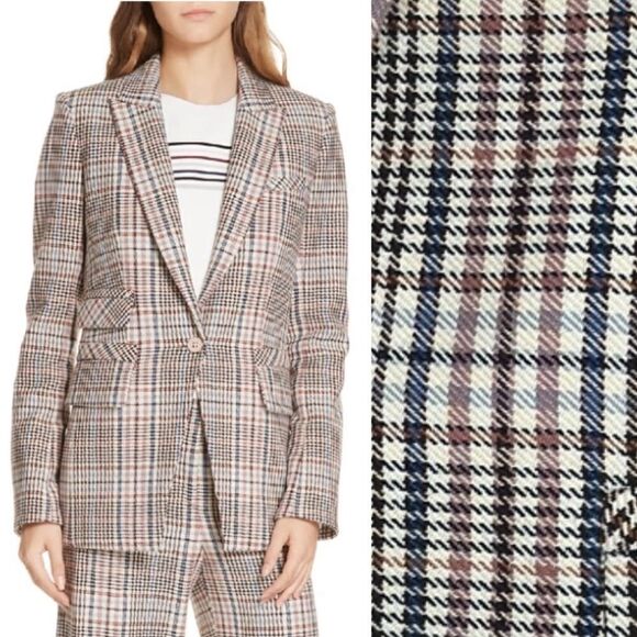 New Veronica Beard FULLER CHECK SINGLE-BUTTON DICKEY JACKET Cream Blue/ Rose Sz2 - Picture 1 of 16